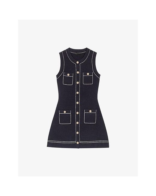 Maje Blue Topstitched Patch-Pocket Cotton-Blend Mini Dress