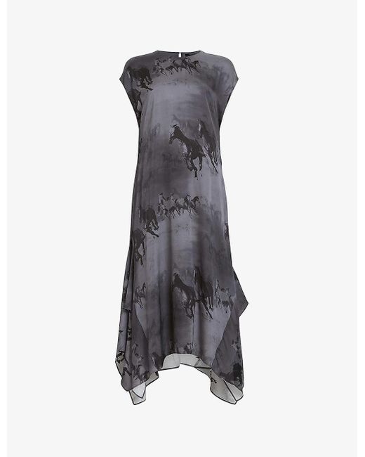 AllSaints Gray Gian Dionne Graphic-print Woven Midi Dress