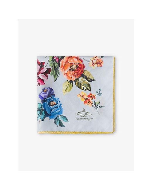 Prada Blue Floral-print Branded Silk-twill Scarf