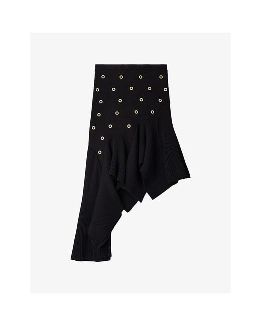 Sandro Black Asymmetric Studded Knitted Mini Skirt