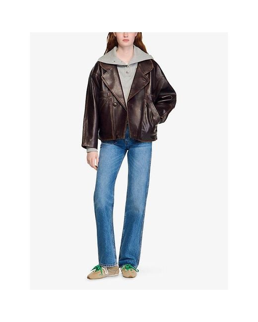 Sandro Brown Oversized-Collar Relaxed-Fit Leather Jacket