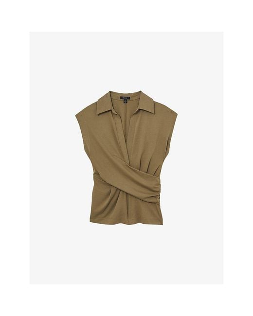 Reiss Green V-Neck Wrap-Front Stretch-Cotton Blend Top