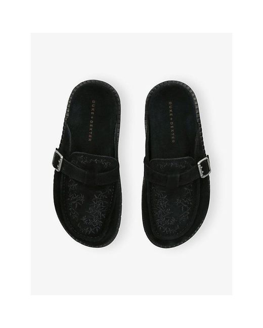 Duke & Dexter Black Winston Embroidered Backless Suede Mules