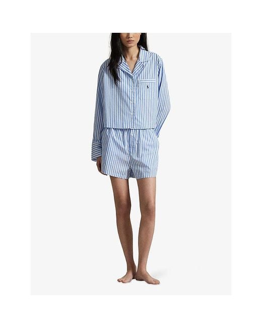 Polo Ralph Lauren Blue Striped Logo-Embroidered Cotton-Poplin Pyjama Set