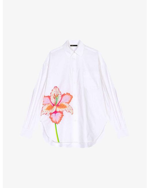 Maje White Oversized Floral-print Cotton Shirt