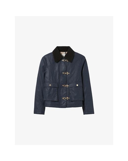 Claudie Pierlot Blue Contrast-Collar Short Waxed Parka Coat