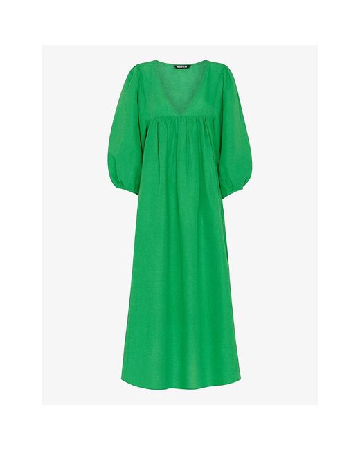 Whistles Green Gloria Balloon-sleeve Relaxed-fit Linen-cotton Blend Midi Dress