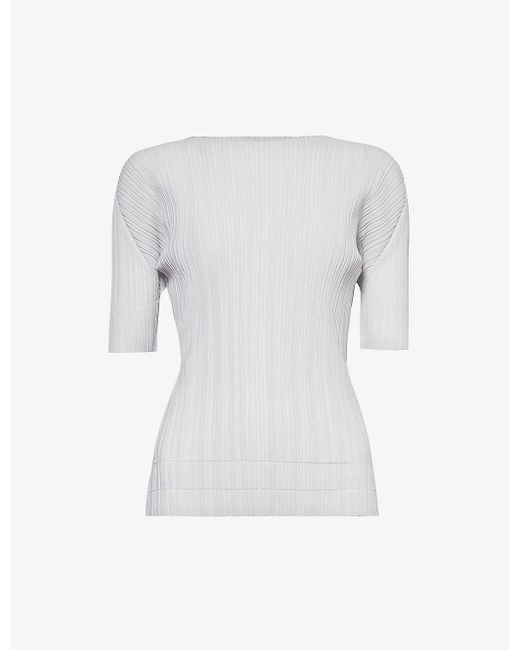 Pleats Please Issey Miyake White Pleated Round-neck Knitted Top