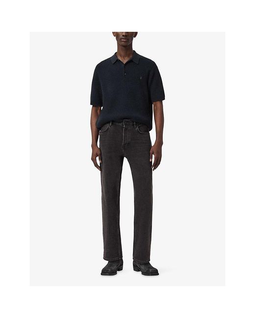 AllSaints Black Aspen Ramskull-Embroidered Cotton And Wool Polo Shirt for men