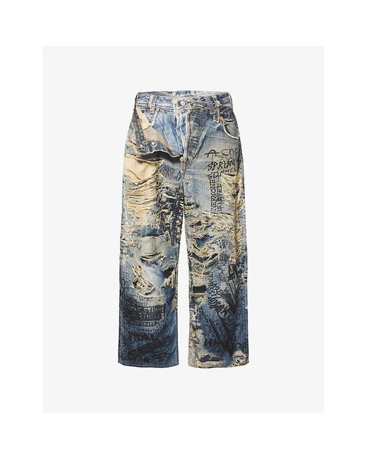 Acne Blue Scribble-Print Distressed Baggy-Fit Denim Jeans for men
