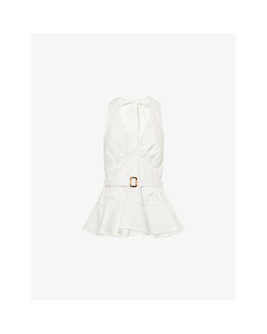 Self-Portrait White Halter-Neck Peplum Linen-Blend Top