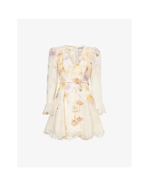 Zimmermann Natural Memento Embroidered Linen And Silk Mini Dress