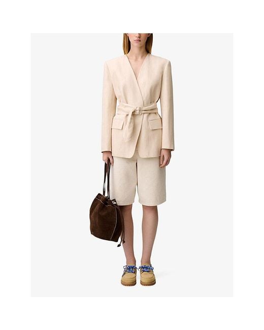 Claudie Pierlot Natural Belted Kimono-Collar Linen-Blend Jacket