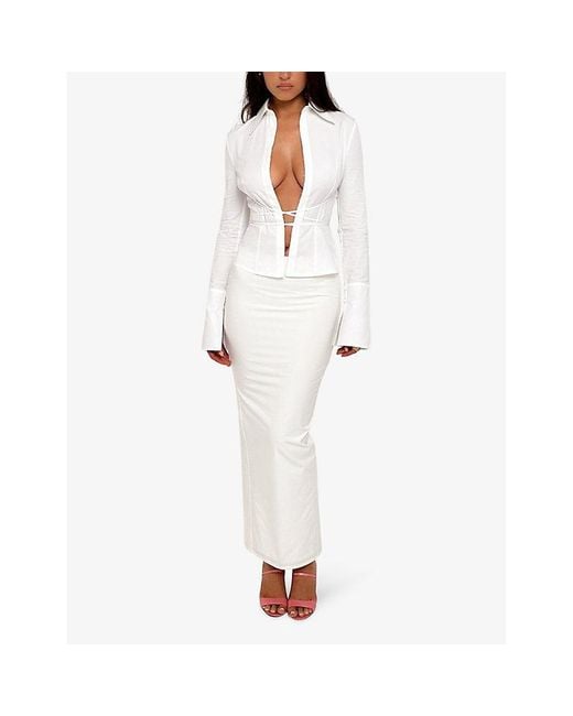 House Of Cb White Eden Mid-Waist Cotton-Twill Maxi Skirt