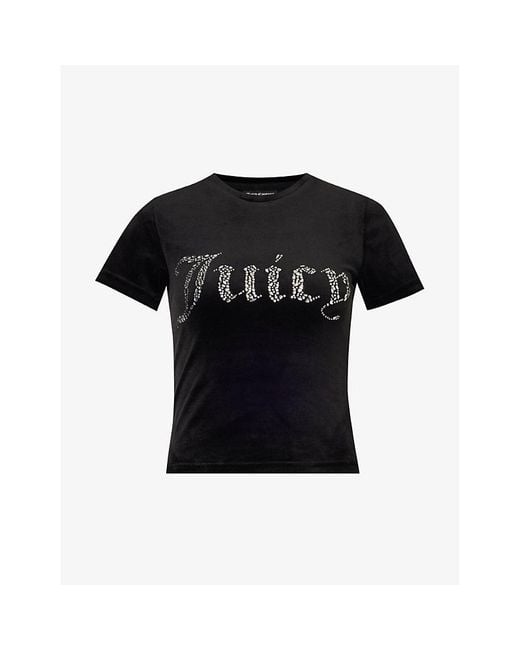 Juicy Couture Black Rhinestone-embellished Slim-fit Velour T-shirt