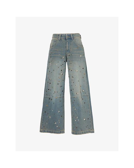 Jaded London Blue Studded Colossus Relaxed Wide-Leg Denim Jeans