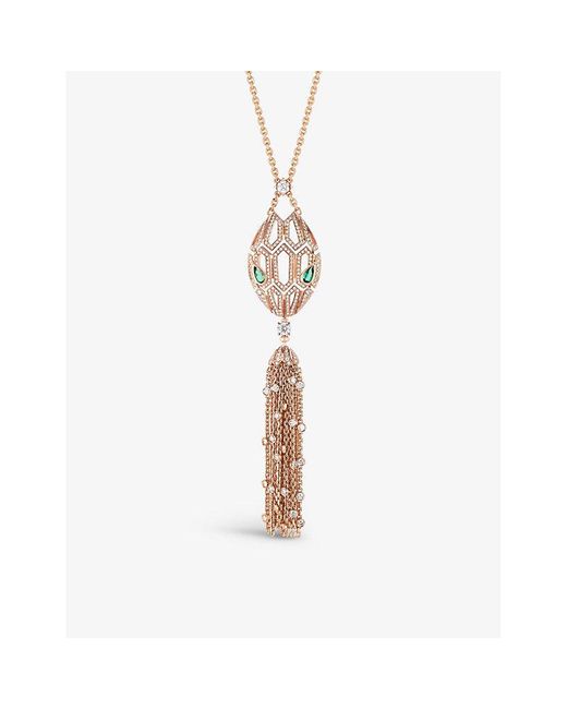 BVLGARI White Serpenti 18ct Rose-gold, 1.88ct Brilliant-cut Diamond And Emerald Pendant Necklace