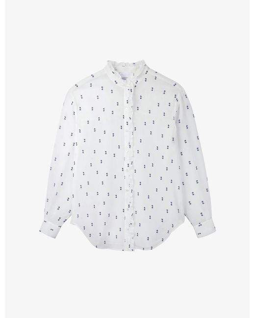 The White Company Floralprint Frillneck Cotton Blouse in Ivory (White) Lyst