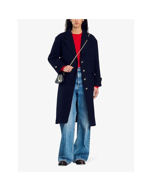 Sandro Blue Notched-Lapels Flap-Pocket Wool Coat