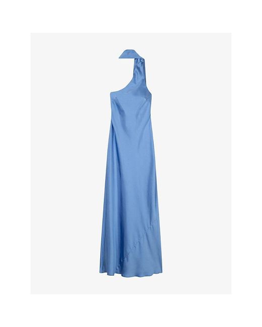 OMNES Blue Brioni One-Shoulder Satin Maxi Dress