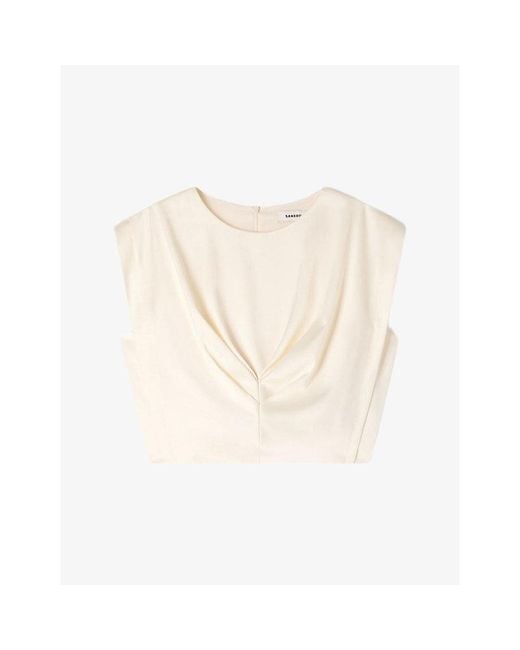 Sandro Natural Pleated Round-Neck Satin Crop Top