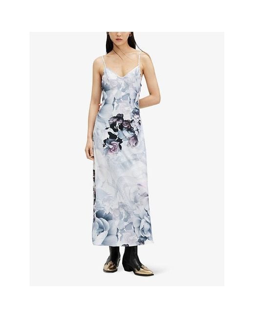 AllSaints Blue Bryony Valley Floral-print Recycled-polyester Midi Slip Dress