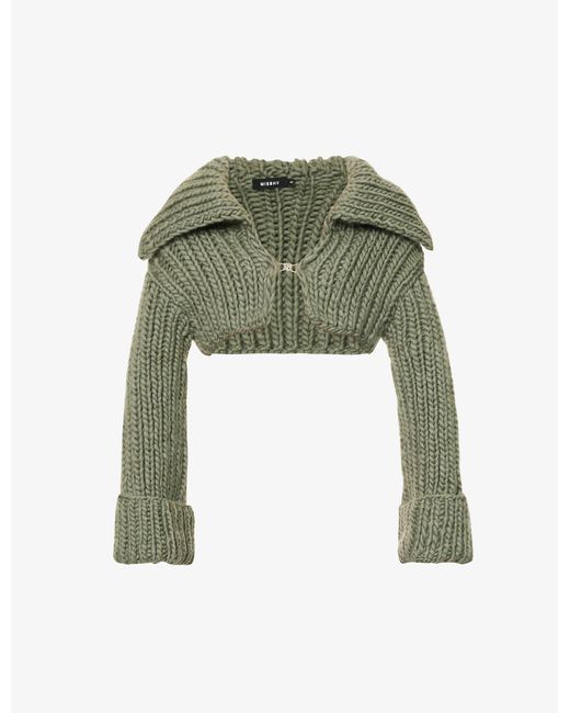 M I S B H V Green Cropped Logo-clasp Wool-blend Knitted Cardigan