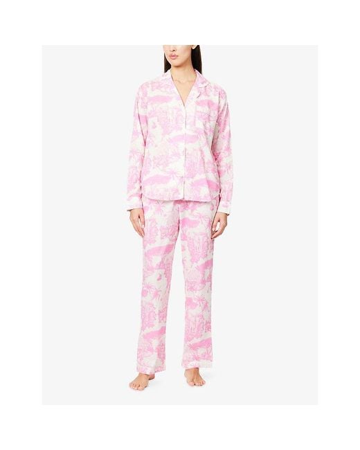Desmond & Dempsey Pink Placement-Print Long-Sleeve Cotton Pyjama Set