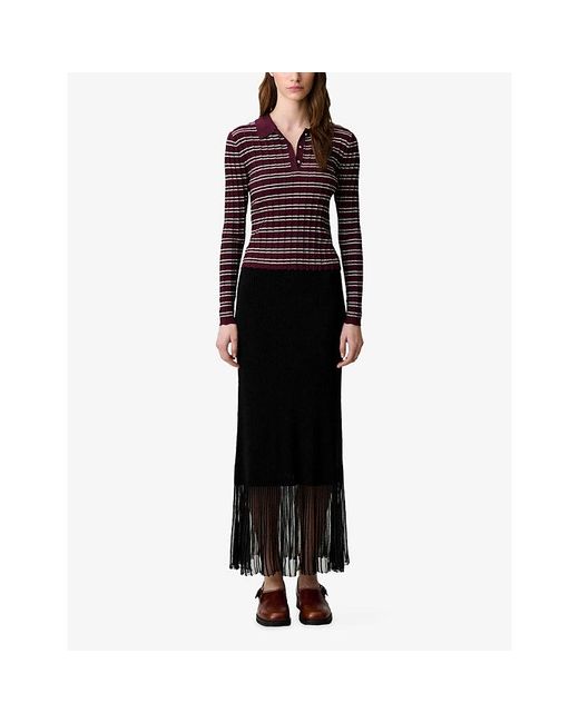Claudie Pierlot Black Pleated Ribbed Knitted Maxi Skirt