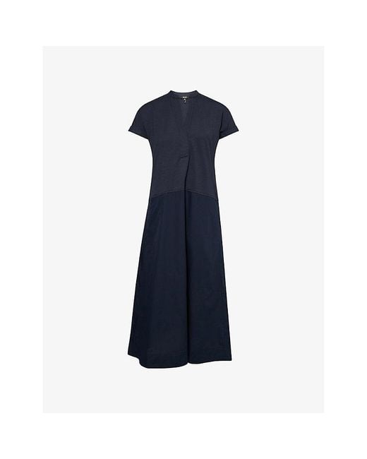ME+EM Blue Mixed-Media Open-Collar Cotton Maxi Dress
