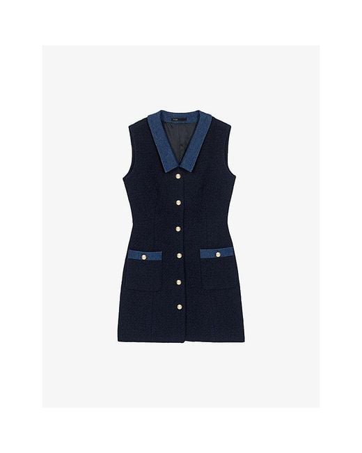 Maje Blue Denim-Trim Sleeveless Tweed Mini Dress
