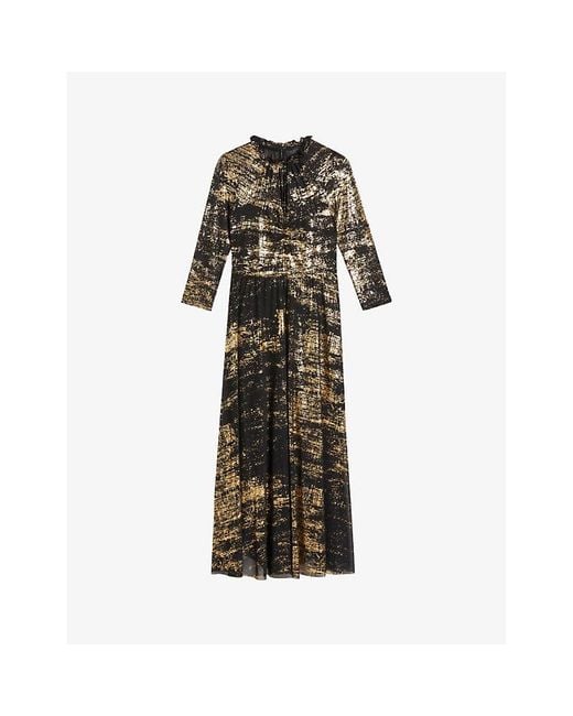 Ted Baker Black iggiey Metallic-print Frilled-neck Stretch-woven Midi Dress