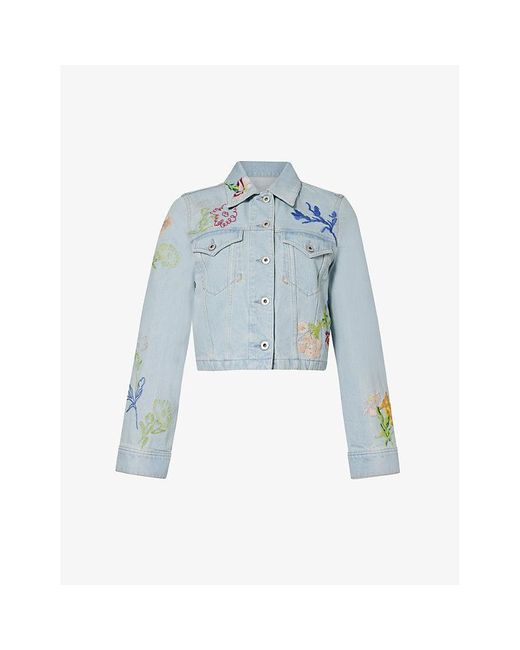 KENZO Blue Floral-embroidered Chest-pocket Denim Jacket