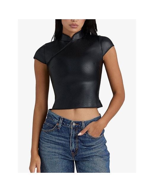 House Of Cb Black Bobbi Mandarin-Collar Vegan-Leather Top Xs (A-C Cup)