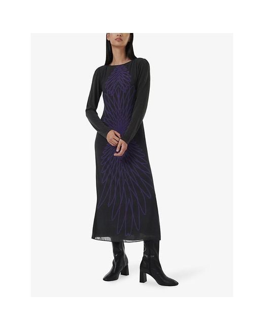 eem Blue Abstract-Print Long-Sleeve Woven Midi Dress