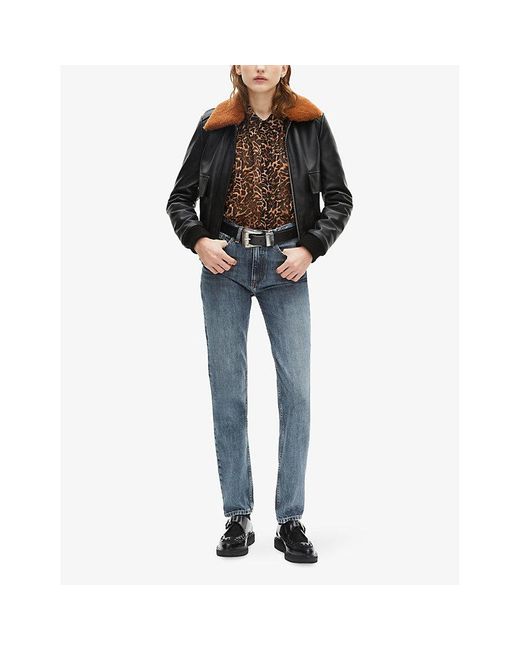 The Kooples Women's Black Sherpa-Collar Side-Pocket Leather Jacket