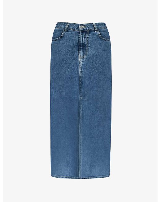 Ro&zo Blue Front-split Tonal-stitching Stretch-denim Midi-skirt