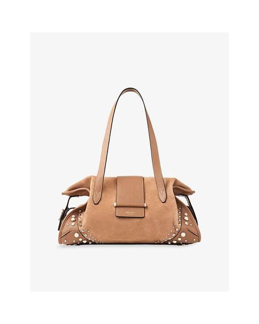 Jimmy Choo Natural Bar Holdall Medium Stud-Embellished Suede Shoulder Bag