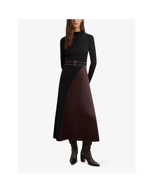 Reiss Black Misty Belted-Waist Knitted Midi Dress