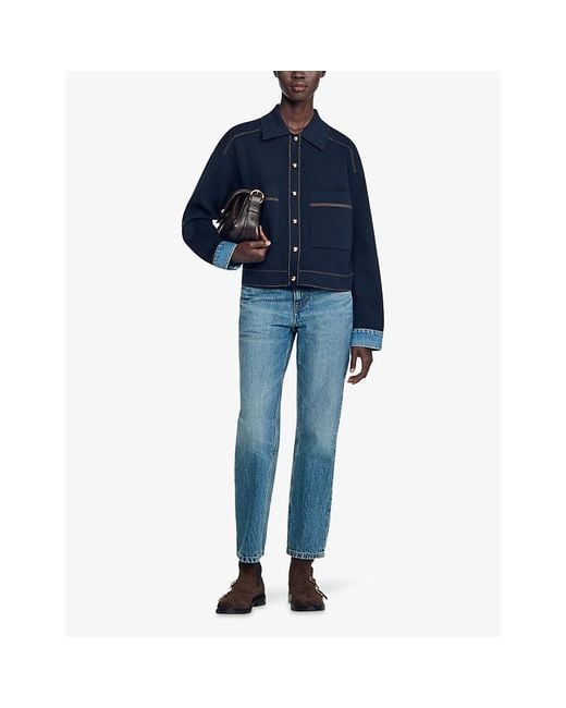 Sandro Blue Collared Denim-Cuff Knitted Jacket-Style Cardigan