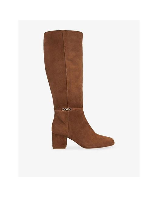 Dune Brown Sanna Suede Block-Heel Knee-High Boots