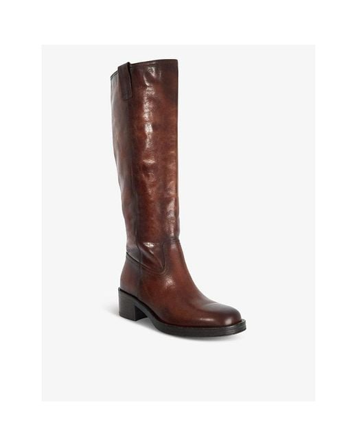 Dune Brown Tayan Square-Toe Leather Knee-High Boots
