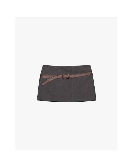 Prada Black Printed-Belt Wool-Blend Mini Skirt