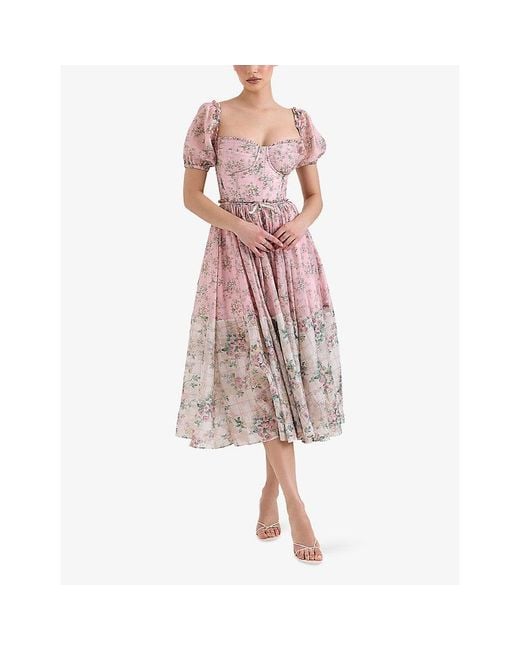 House Of Cb Pink Penelope Floral-Print Tie-Waist Woven Midi Dress
