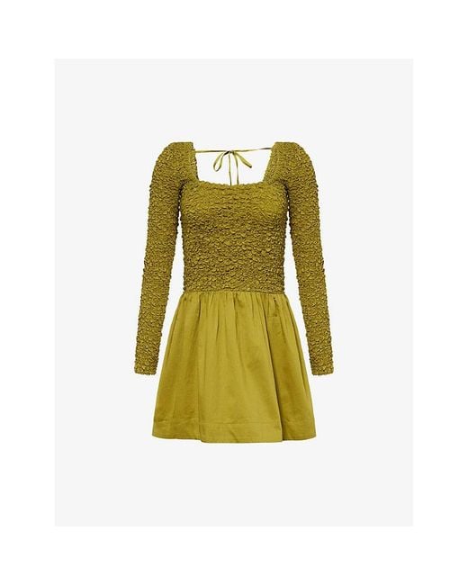 Damson Madder Malinda Smocked Cotton Mini Dress in Green | Lyst