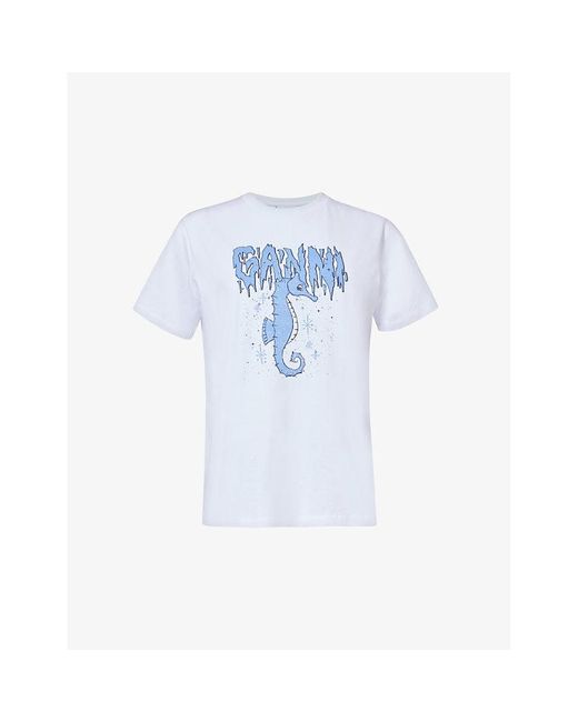 Ganni Blue Seahorse Graphic-pattern Organic-cotton T-shirt X
