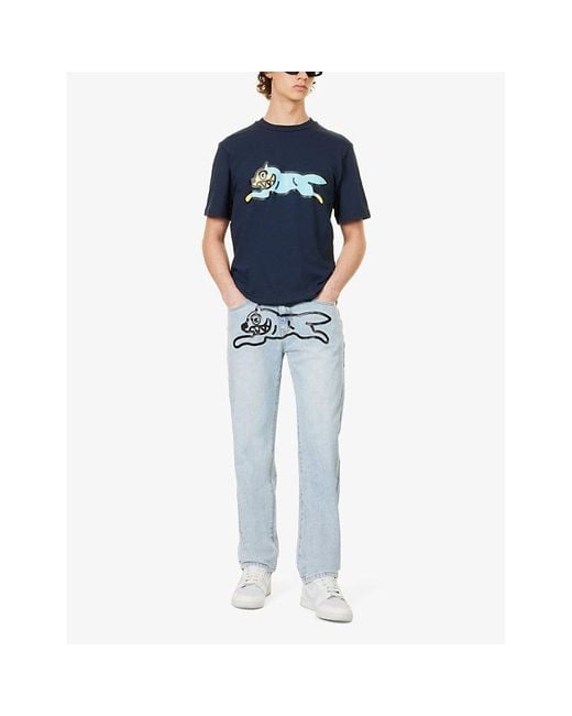 ICECREAM Blue Running Dog Graphic-print Straight-leg Regular-fit Jeans for men