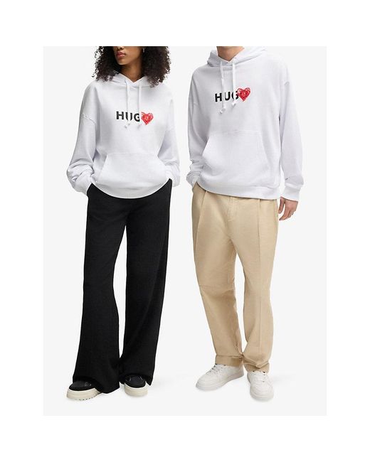 HUGO White Brand-Print Cotton-Jersey Hoody for men