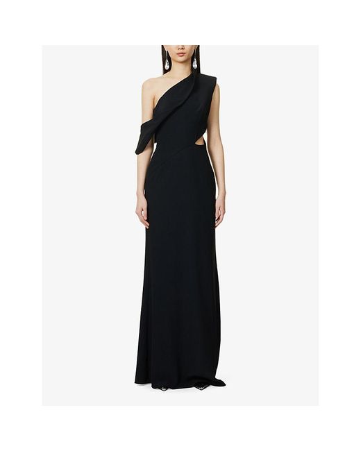Alexander McQueen Black Asymmetric-neck Padded-shoulder Silk Maxi Dress