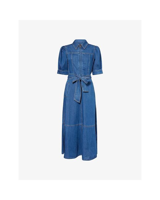 ME+EM Blue Fit And Flare Short-Sleeve Denim Midi Dress